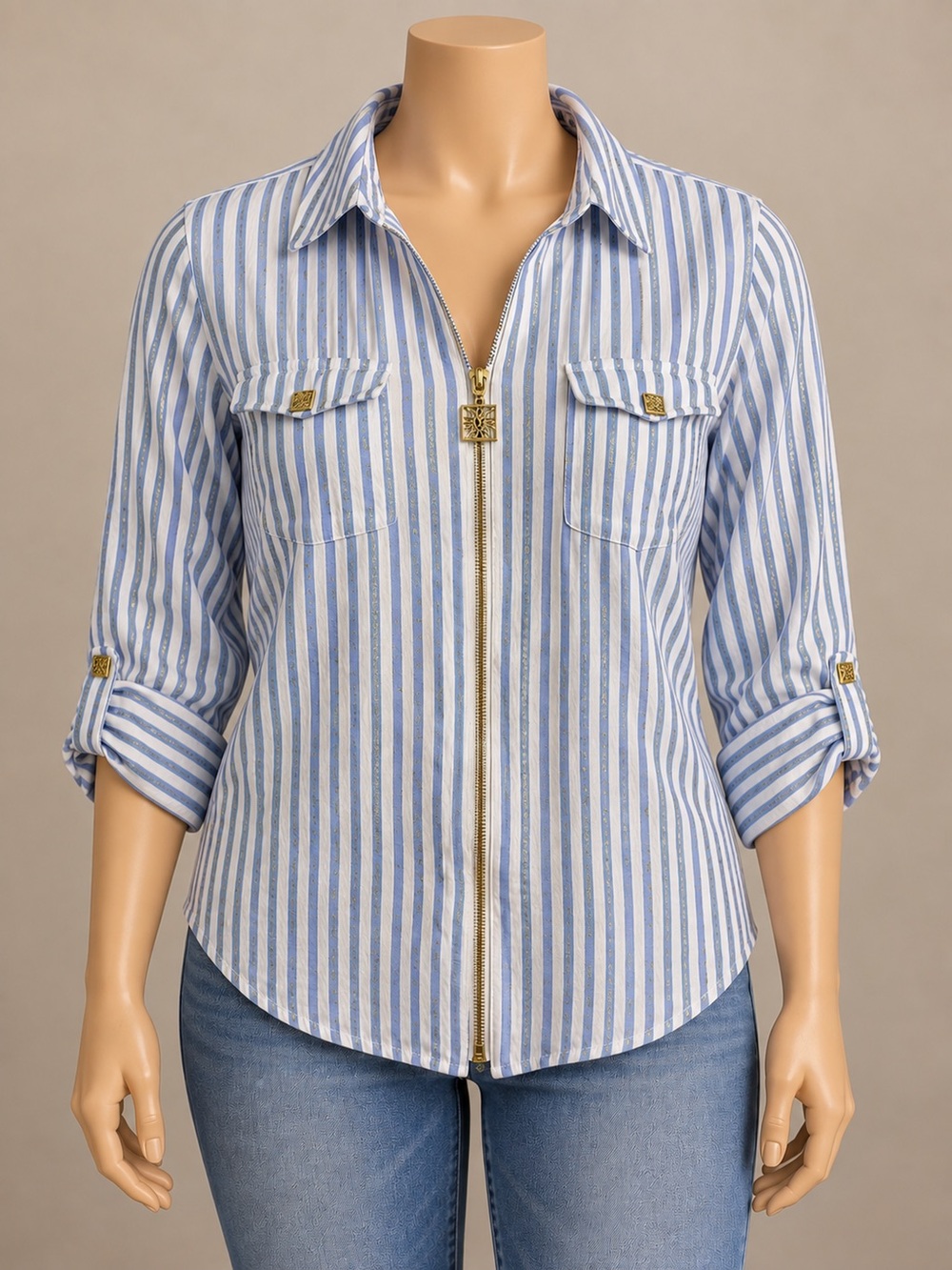 Anne Klein Striped Blouse Blue White Gold Shimmer Zip Front M/L